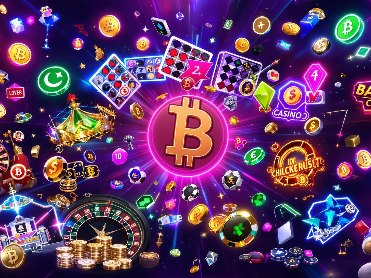 Colorful casino games and digital currency symbols in vibrant design.