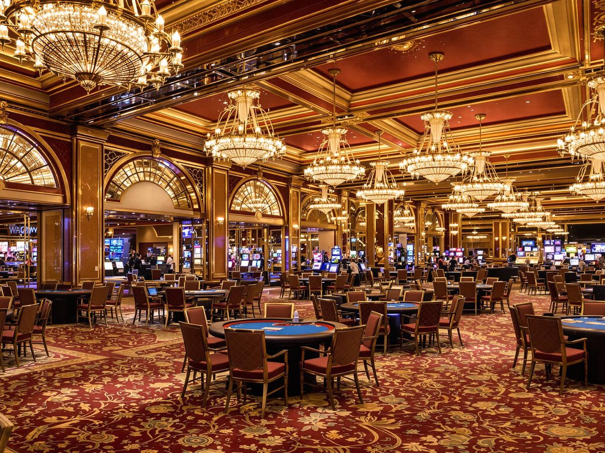 Luxurious casino interior with gaming tables and chandeliers.