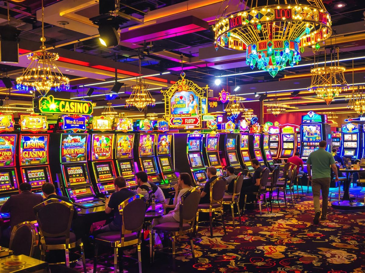 Colorful online casino scene with players and slot machines.