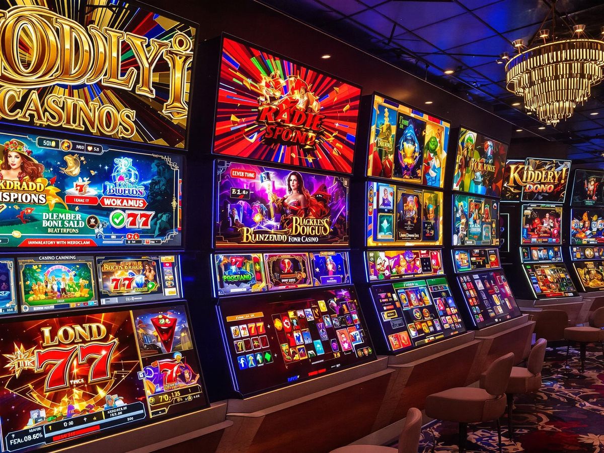 Colorful online casino gaming setup with digital screens.