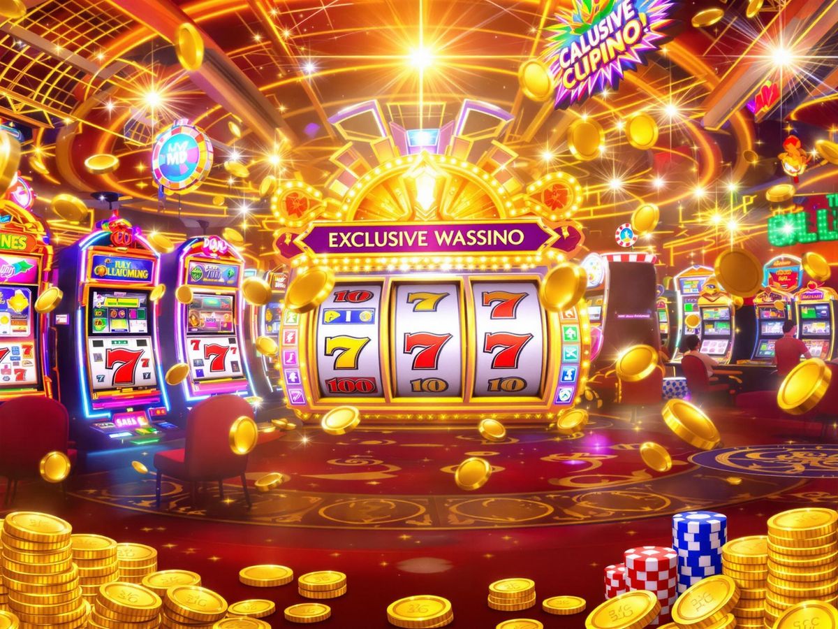 Colorful casino scene with players and sparkling slot machines.