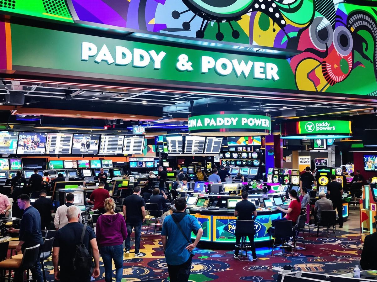 Paddy Power sportsbook with enthusiastic bettors and colorful booths.