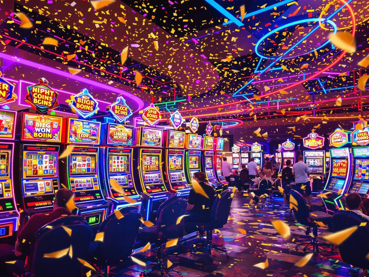 Colorful slot machines and confetti celebrating big wins.