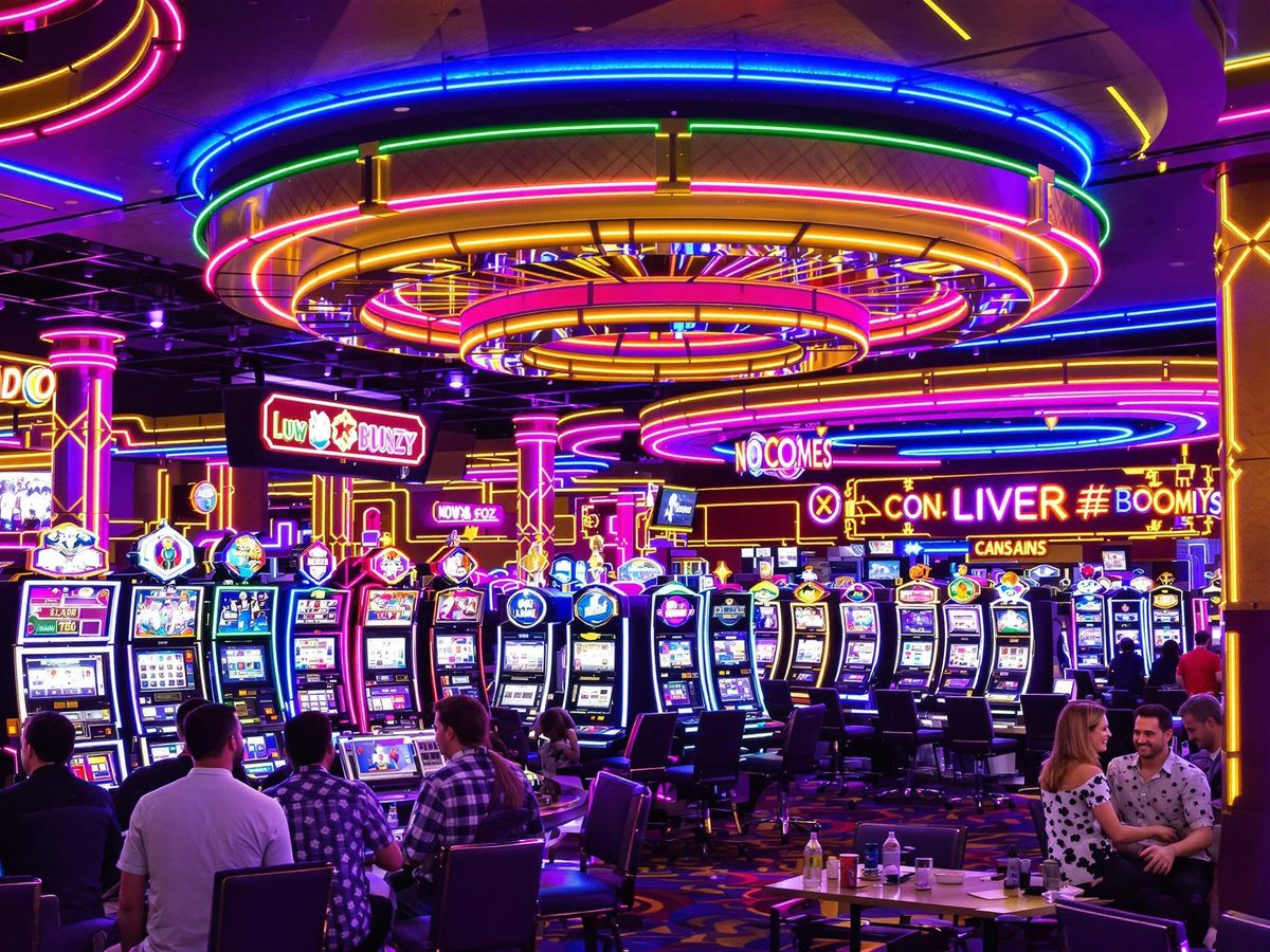 Vibrant casino scene with players and colorful gaming machines.