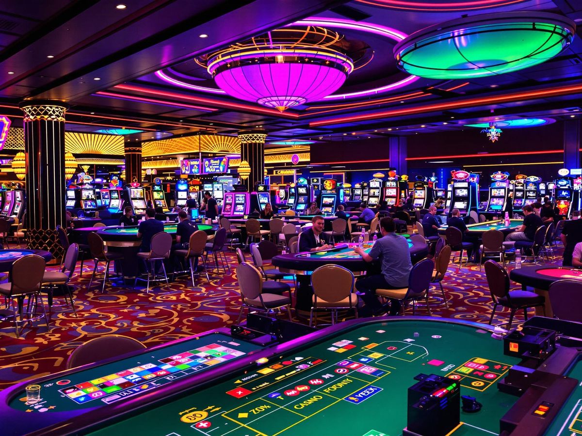 Colorful casino scene with gaming tables and players.