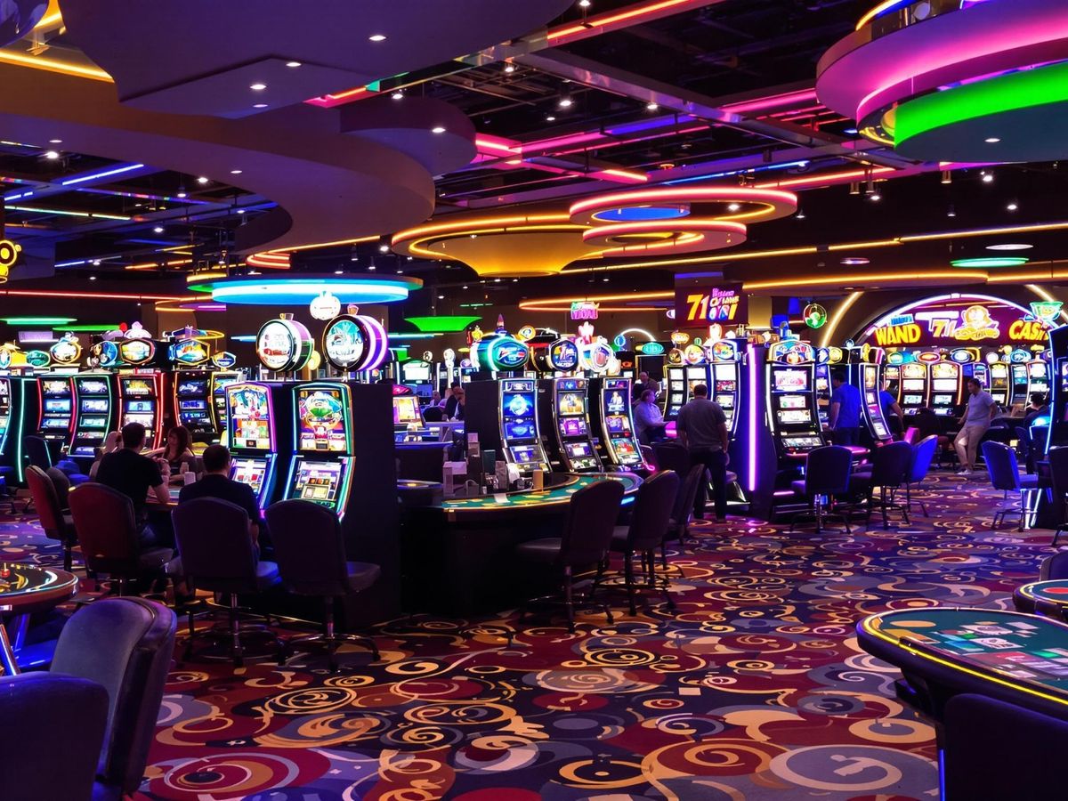 Colorful casino scene with players and gaming tables.