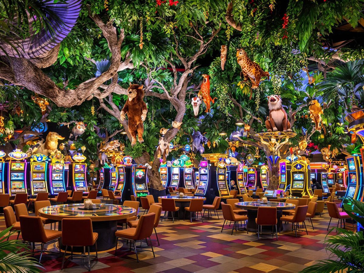 Colorful jungle casino with exotic animals and bright lights.