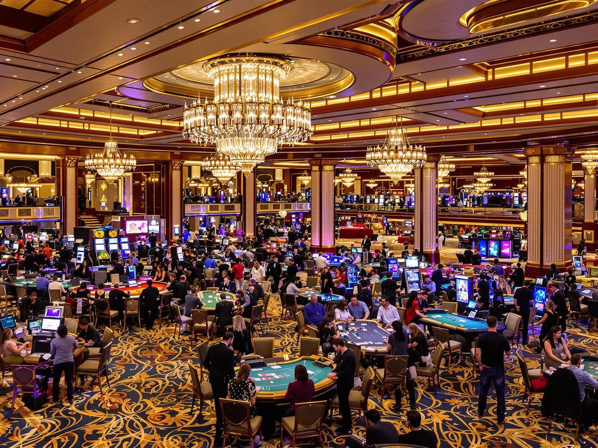 Luxurious casino interior with gaming tables and entertainment areas.