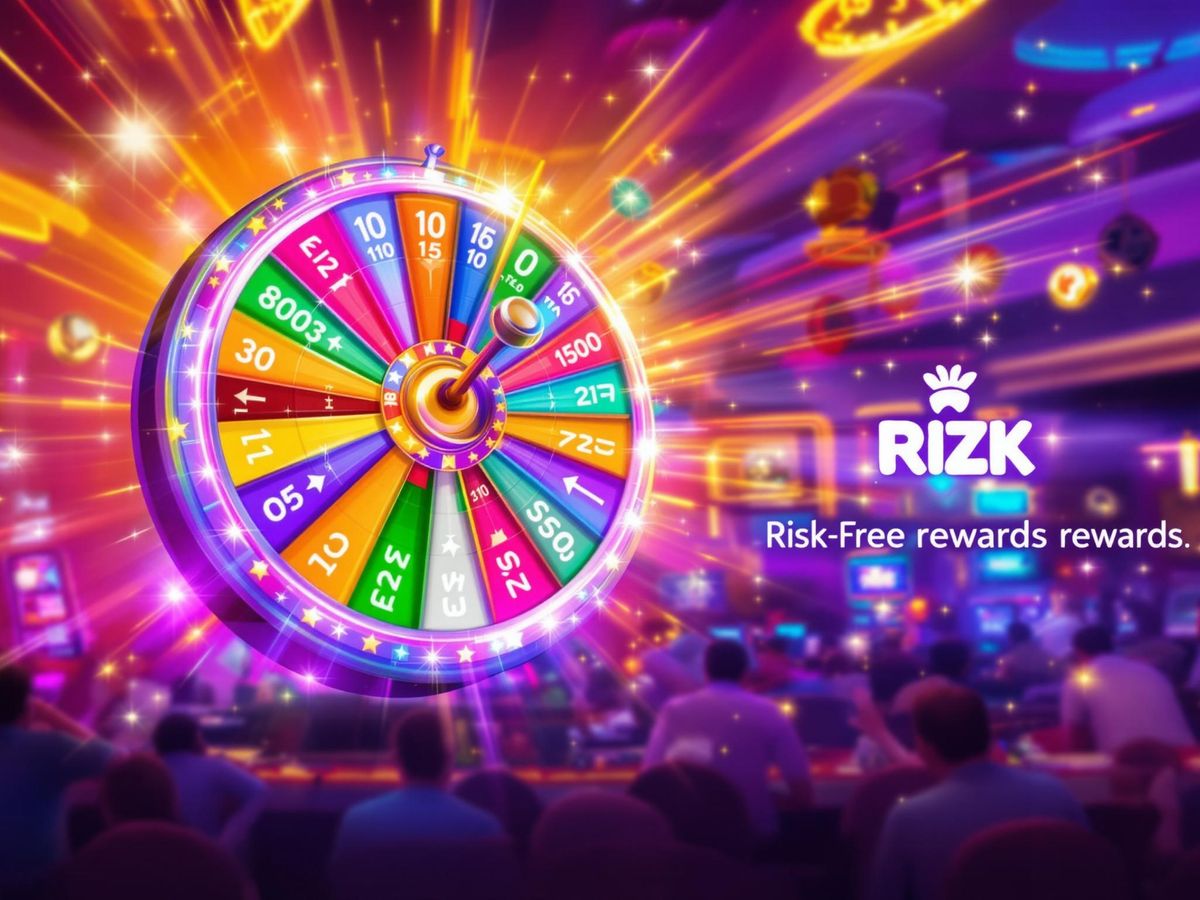 Colorful casino wheel surrounded by excited players.