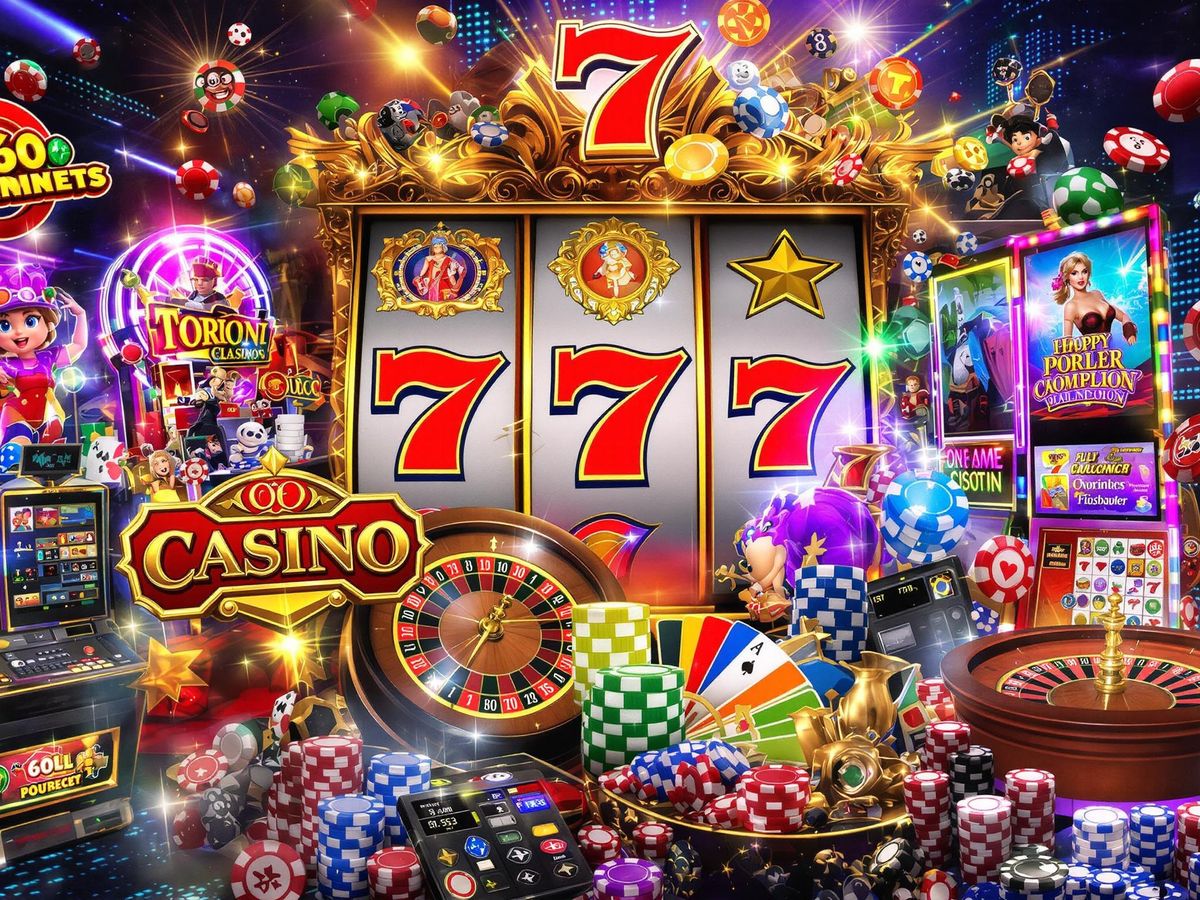 Colorful online casino games and elements on a digital background.