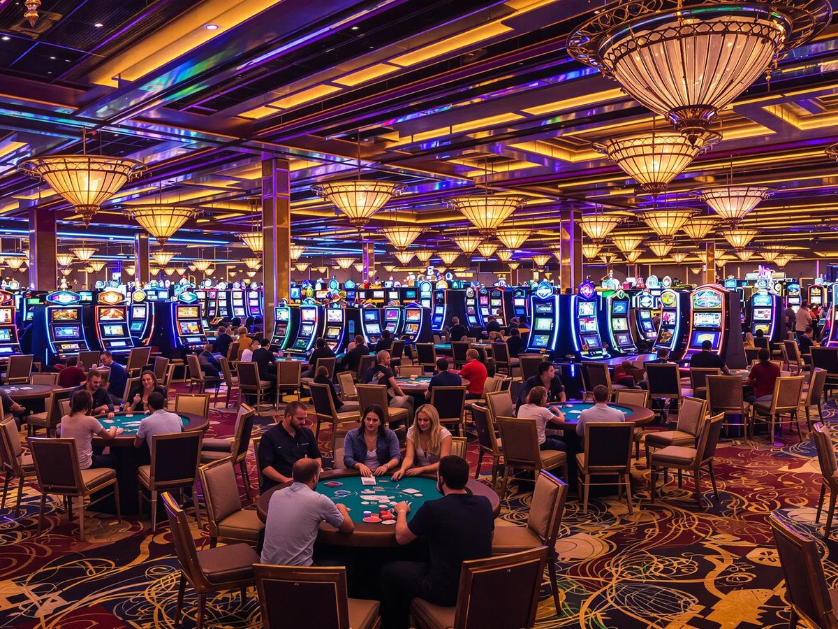 Vibrant casino interior with players and colorful lights.