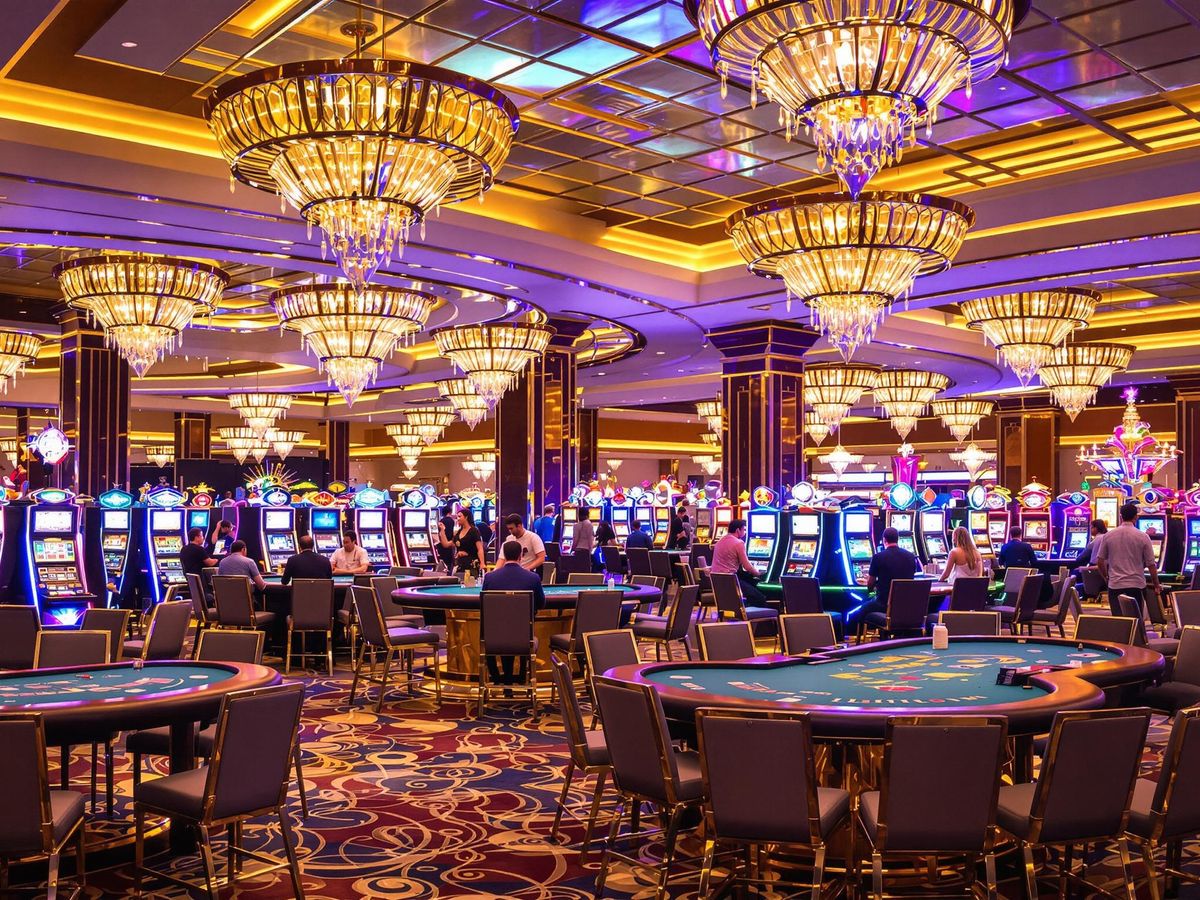 Colorful casino scene with players and gaming tables.