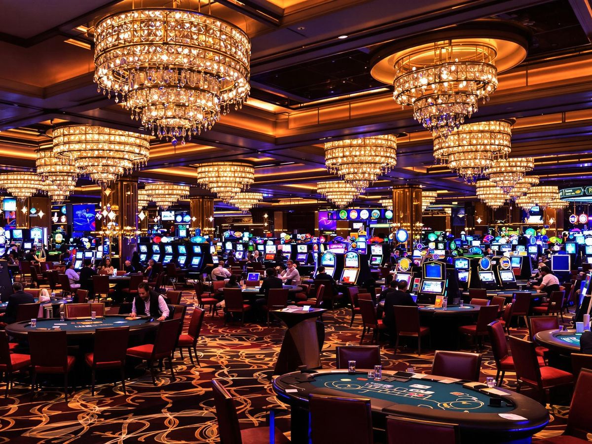 Luxurious casino interior with vibrant gaming tables and decor.