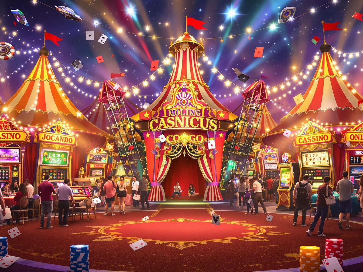 Colorful circus tents and joyful gamblers at a casino.